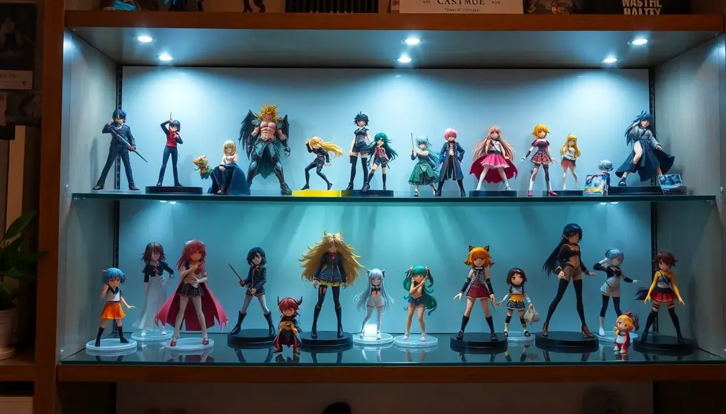 Various anime figures displayed artfully on a lighted shelf.