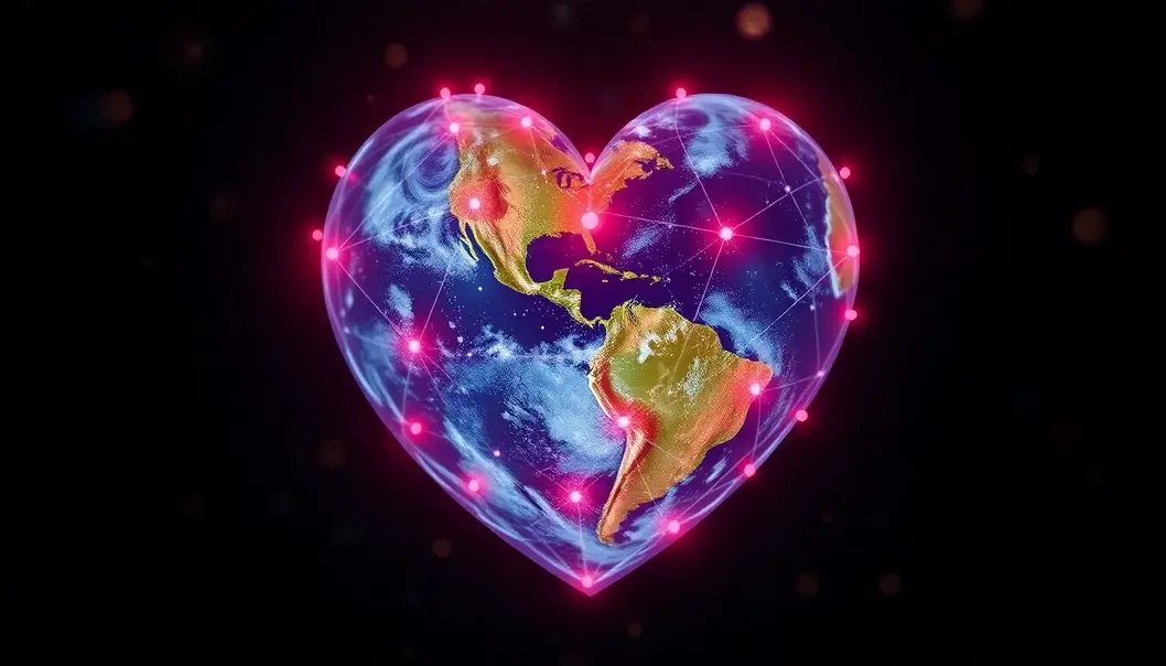 Illustration of a heart-shaped globe with virtual assistant network.