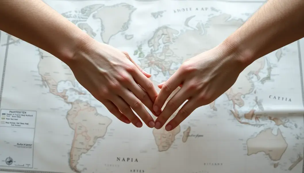 Two hands reaching for each other across a world map.