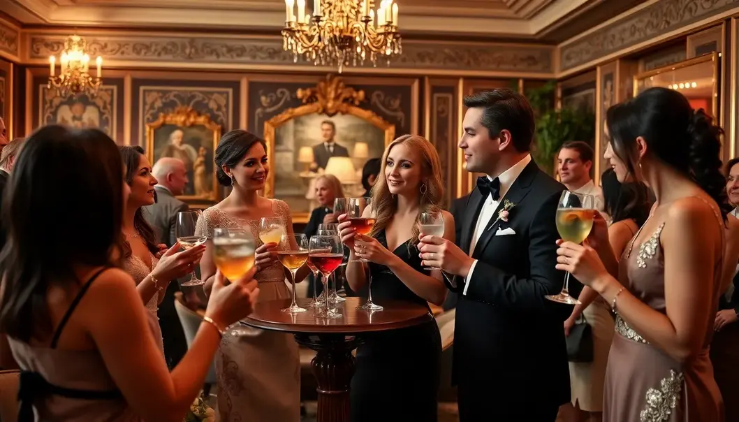 An elegant social gathering with guests savoring non-alcoholic drinks in a lavish venue.