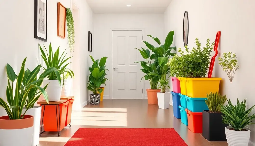 A modern hallway that is organized with colorful storage, plants, and ambient lighting.