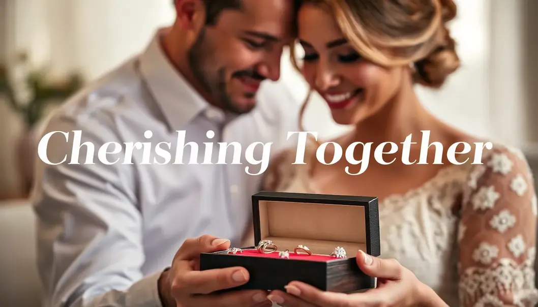 A couple embracing while holding a jewelry box with sparkling jewels in soft lighting.