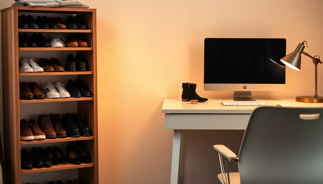 An inviting remote work setting showcasing a well-curated shoe collection offering both style and comfort.